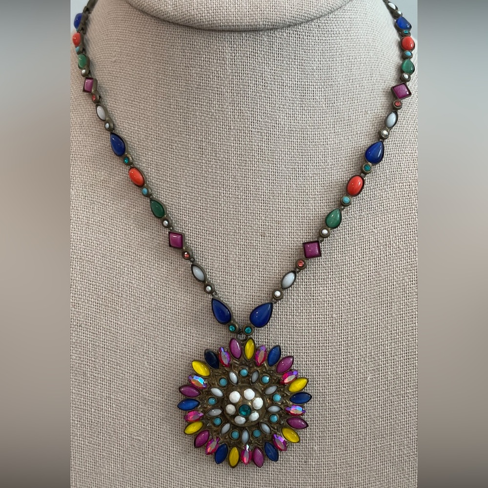 Sorrelli 15”-18” starburst floral pendant necklace crystal rhinestone boho brass